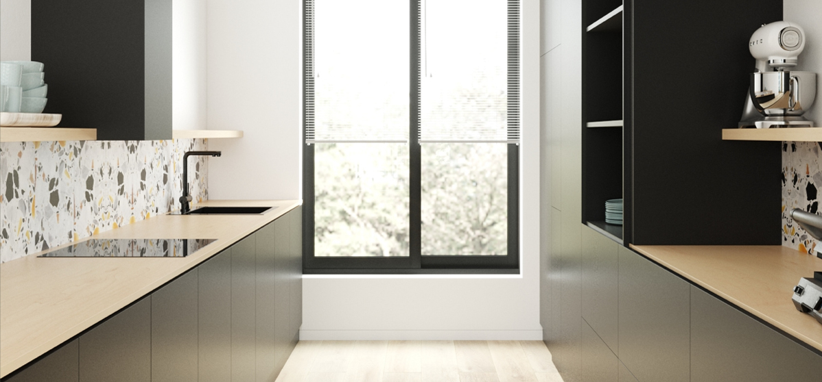 Minimalist kitchen with black cabinets, wood countertops, terrazzo backsplash, large window, and appliances.