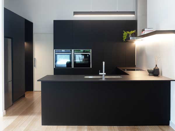 Minimalist G-Shape Black Kitchen Layout - Kind Kitchens