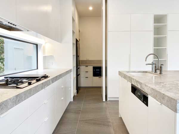Minimalist White Galley Kitchen Layout in Toorak