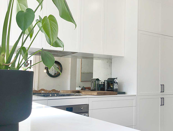 Modern white kitchen with cabinets, a countertop with appliances, and a potted plant in the foreground. Modern white kitchen with cabinets, a countertop with appliances, and a potted plant in the foreground.