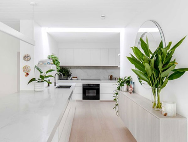 Minimalist white kitchen with plants, round mirror, and sleek appliances. Light wood floor and cabinets.
