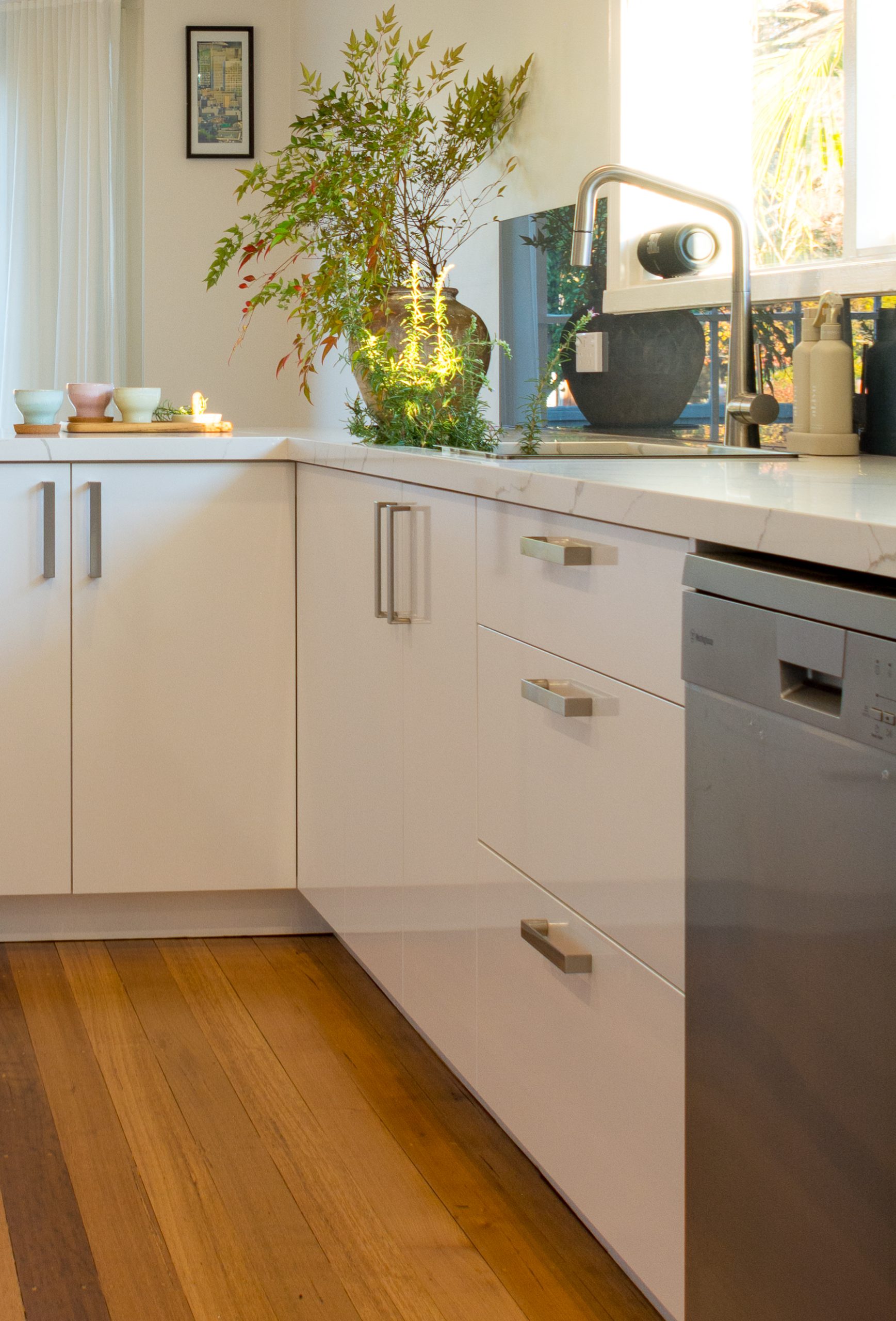 Modern kitchen with white cabinets, a leafy plant by the window, and a dishwasher on the right. Modern kitchen with white cabinets, a leafy plant by the window, and a dishwasher on the right.