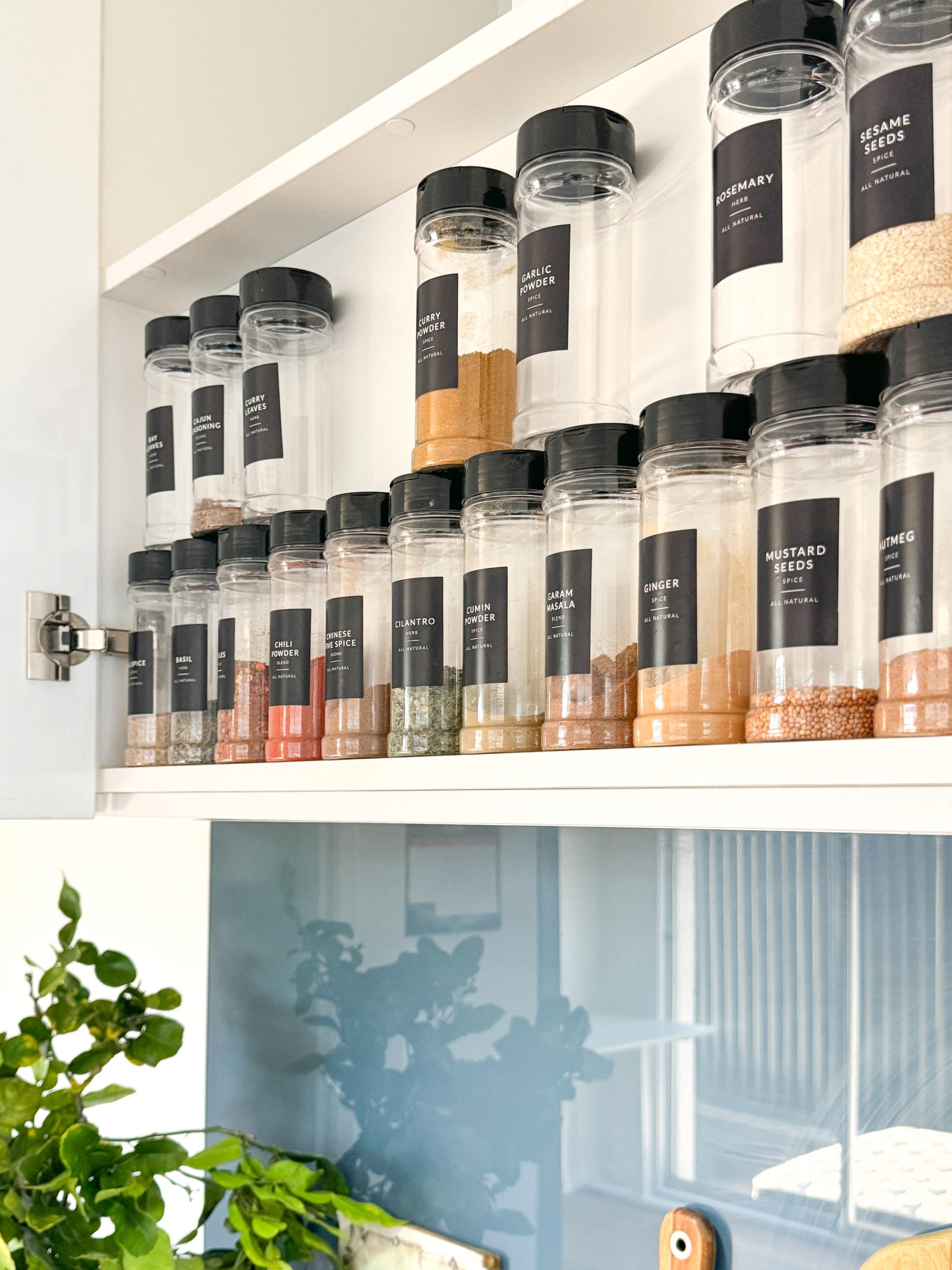 Organized spice jars on white kitchen shelves, with green plant on the counter below. Organized spice jars on white kitchen shelves, with green plant on the counter below.