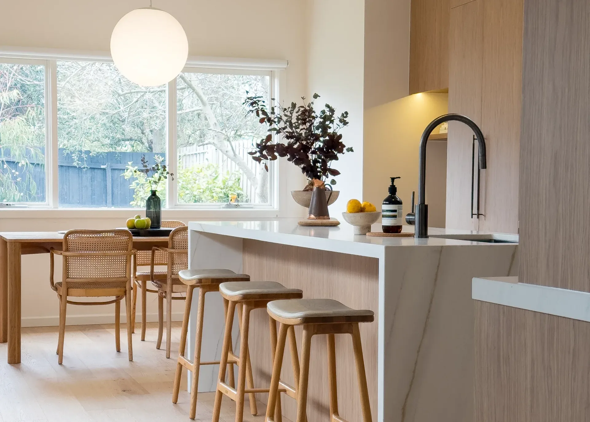 Fairfields-40-5 Custom modern kitchen designed and manufactured by KIND Kitchens, with island seating